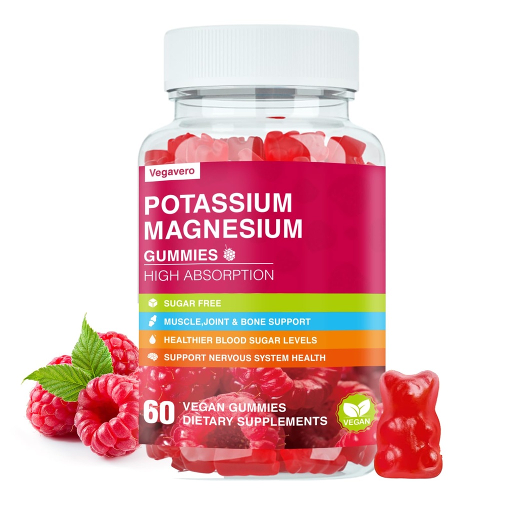Potassium Magnesium Gummies - Magnesium Glycinate B6,D3 & Potassium Citrate for Leg Cramps,Muscle,Electroyte for Adults Kids,Sugar-Free - 60 Raspberry Gummies
