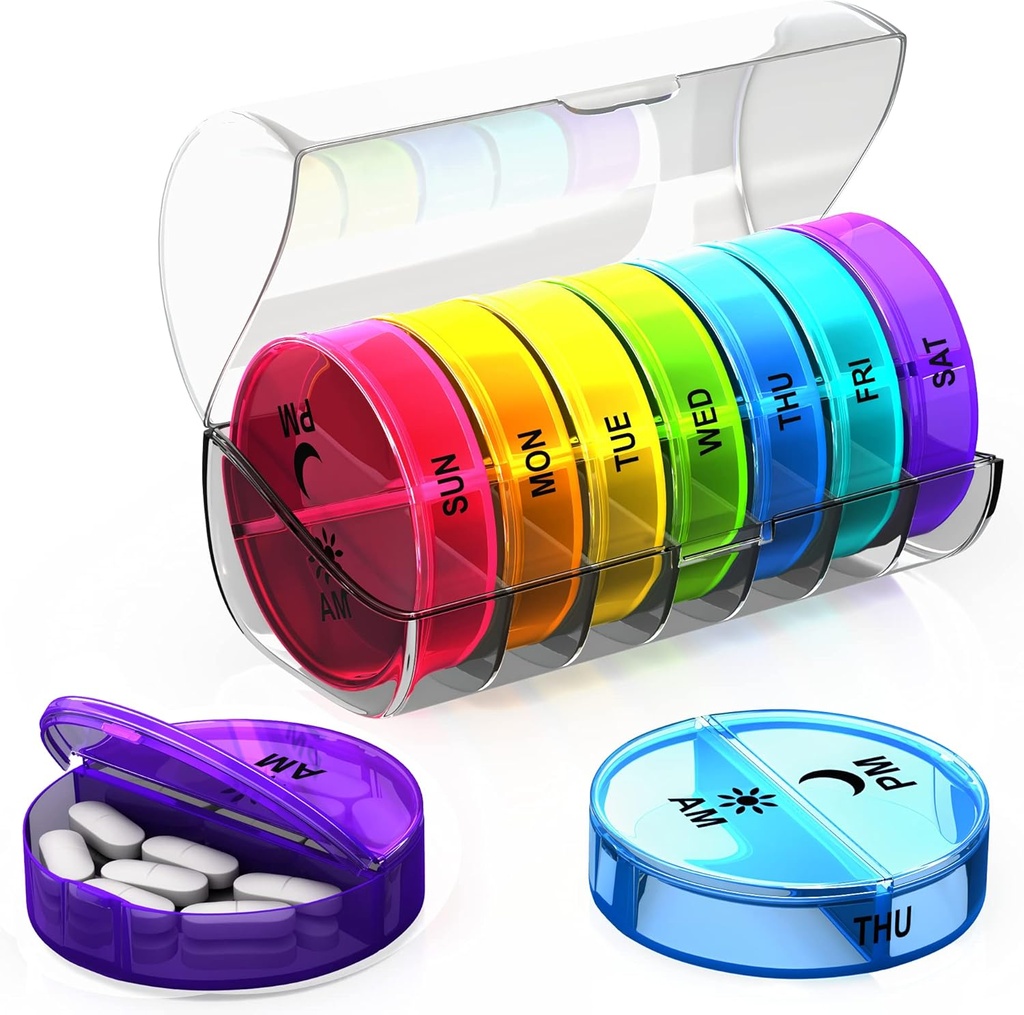 Weekly Pill Organizer 2 Times a Day - Large Capacity –Travel Pill Box 7 Day with Airtight Lid Lock – Portable Pill Case for Purse – Ideal for Vitamins, Supplements, and Fish Oil Pills (Rainbow)