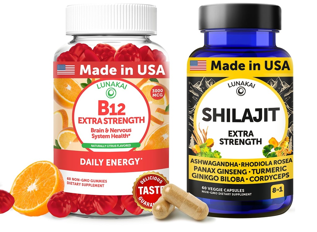 Lunakai ΗΠΑ Made B12 Gummies & Shilajit Κάψουλες Bundle – Extra Strength Daily Energy & Wellness Support