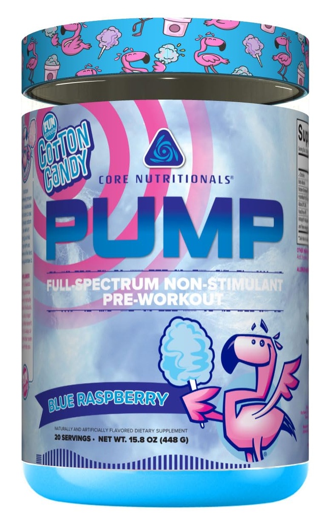 Core Nutritionals Pump Full-Spectrum Non-Stimulant Pre-Workout, with N03T Nitrate, Peak02, Alpha GPC, for Maximum Pump, Strength, and Performance 20 Servings (Fun Sweets Cotton Candy™ Blue Raspberry)