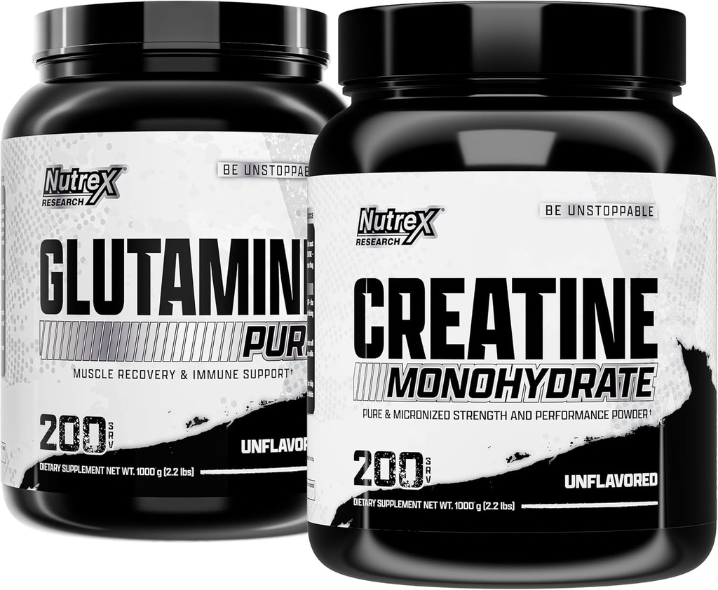 Nutrex Research Creatine Monohydrate Powder 200 Serv & L Glutamine Powder 200 Serv Bundle
