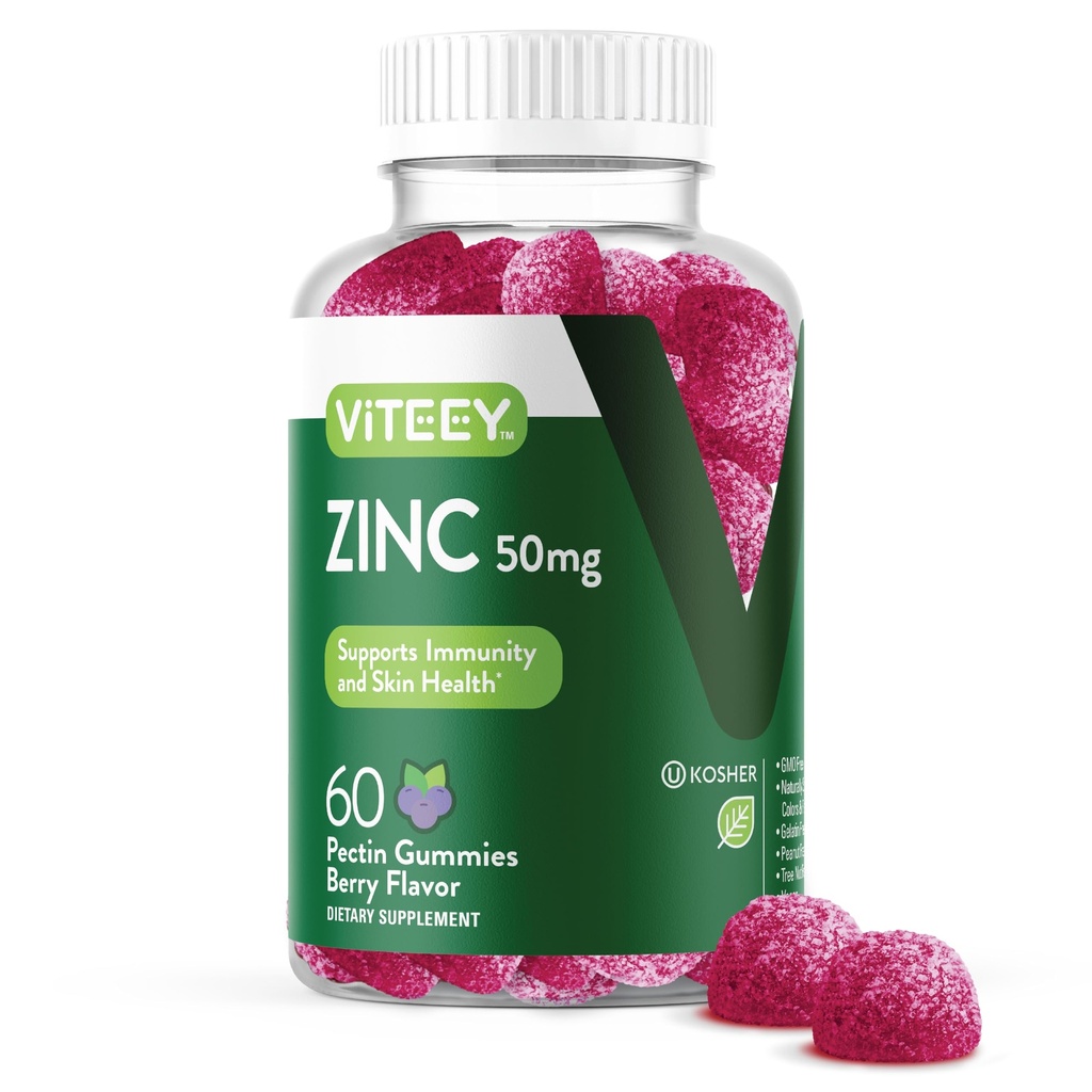 VITEEY Gummies ψευδάργυρου για άνδρες και γυναίκες - Συμπληρώματα ψευδαργύρου 50mg - Ανοσοποιητική ενίσχυση & υγεία του δέρματος - Vegan, χωρίς γλουτένη - 60 Count