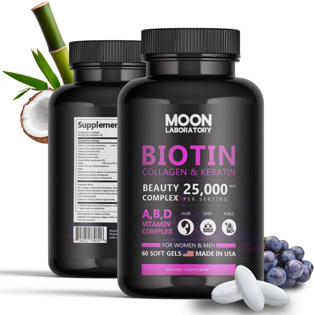 Premium Biotin 5.000 mcg Beauty Complex με κολλαγόνο, κερατίνη, υαλουρονικό οξύ, βιταμίνη Α, D3, B-Complex, Calcuim & Coconut Oil. 60 Softgels