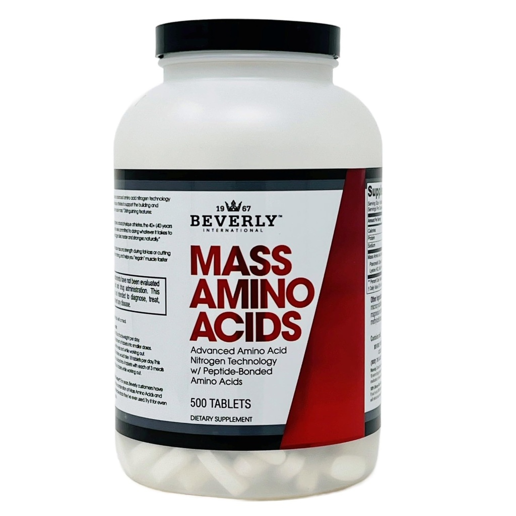 Beverly International Mass Αμινοξέα, 500 Tabs. Χρησιμοποιήστε Pre-Post προπόνηση, με γεύματα, Απαραίτητη για την αποκατάσταση των μυών και την επισκευή. Ολοκληρωμένο προφίλ οξέος Amino
