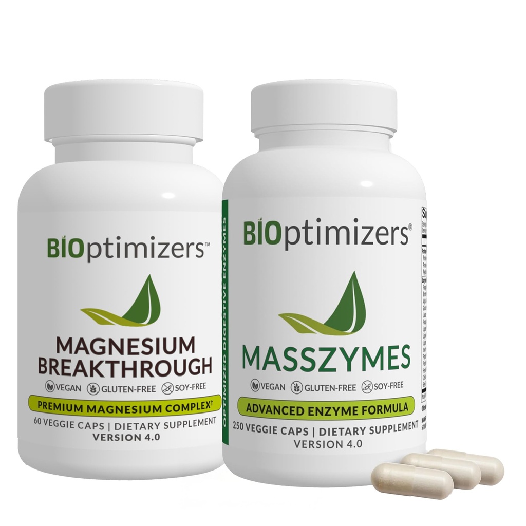 BiOptimizers Magnesium Breakthrough 4.0, (60 κάψουλες) & MassZymes 4.0, (250 κάψουλες) - Natural Sleep, Brain, and Digestive Health Supplement Bundle