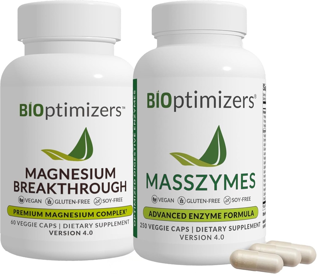 BiOptimizers Magnesium Breakthrough 4.0, (60 κάψουλες) & MassZymes 4.0, (250 κάψουλες) - Natural Sleep, Brain, and Digestive Health Supplement Bundle