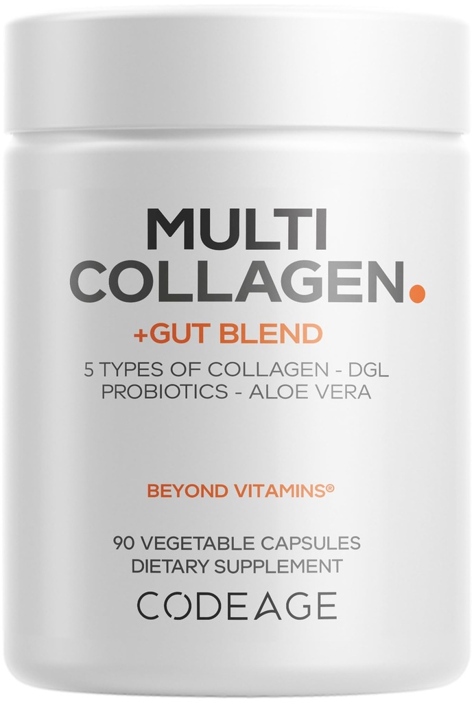 Codeage Multi Collagen + Gut Blend Supplement - Digestive Probiotics, DGL Licorice, Aloe Vera, Organic Peppermint Leaf, Slippery Elm - Υδρολυμένα χάπια Bovine Collagen - Μη ΓΤΟ - 90 κάψουλες