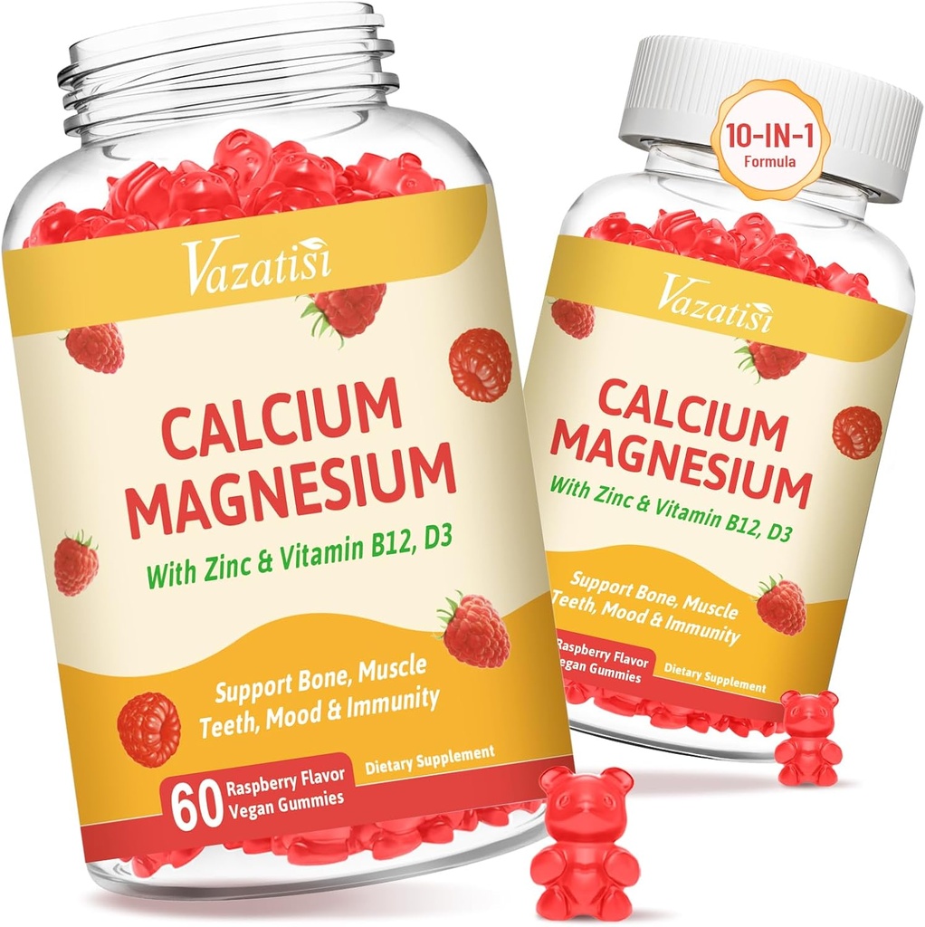 2 Πακέτων Ασβέστιο Gummies με μαγνήσιο, ψευδάργυρο, βιταμίνη D3 & B12, Συμπληρώματα ασβεστίου για τις γυναίκες άνδρες, Οστό υποστήριξης, μυών και ανοσίας, 120 Vegan Raspberry Flavor Gummies