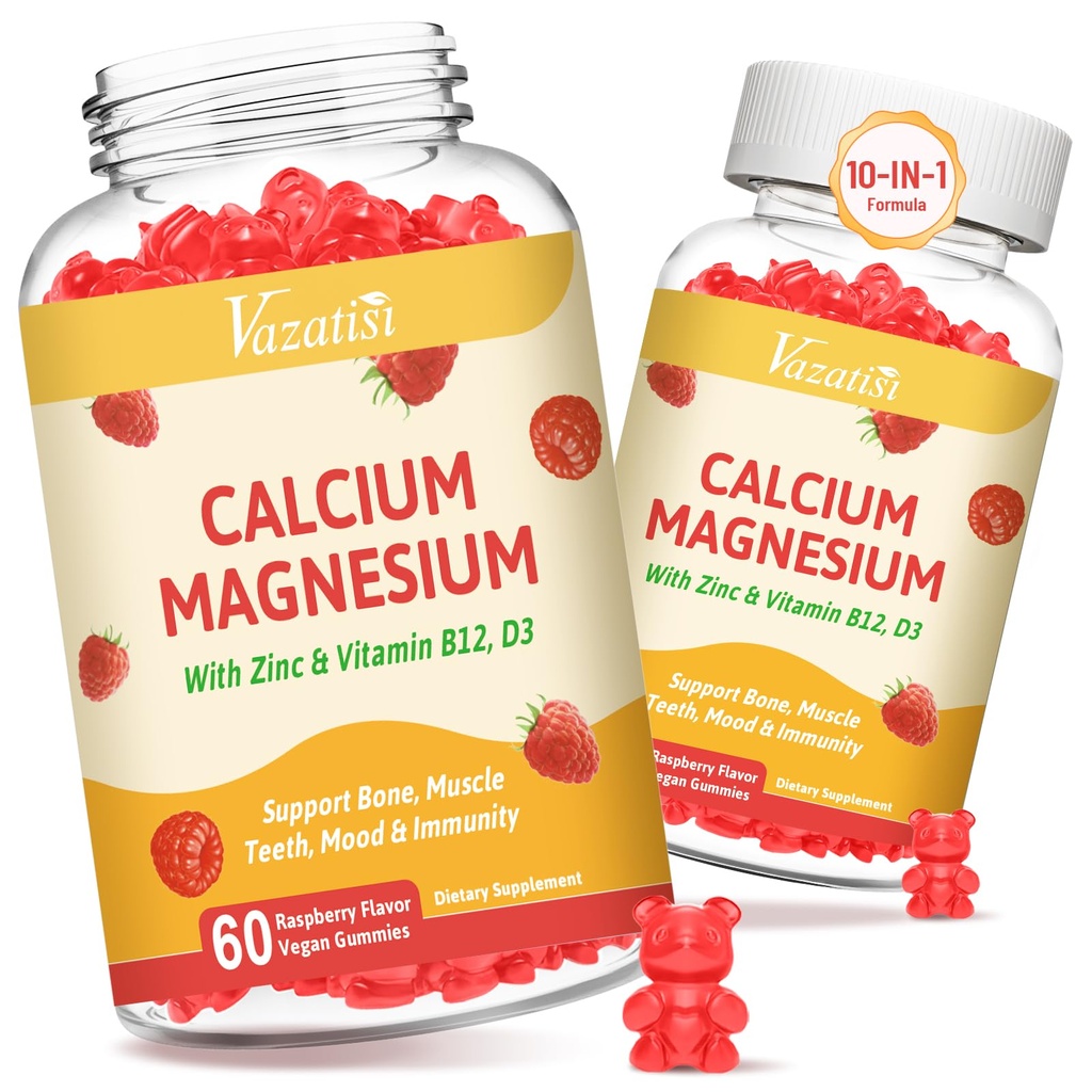 2 Πακέτων Ασβέστιο Gummies με μαγνήσιο, ψευδάργυρο, βιταμίνη D3 & B12, Συμπληρώματα ασβεστίου για τις γυναίκες άνδρες, Οστό υποστήριξης, μυών και ανοσίας, 120 Vegan Raspberry Flavor Gummies