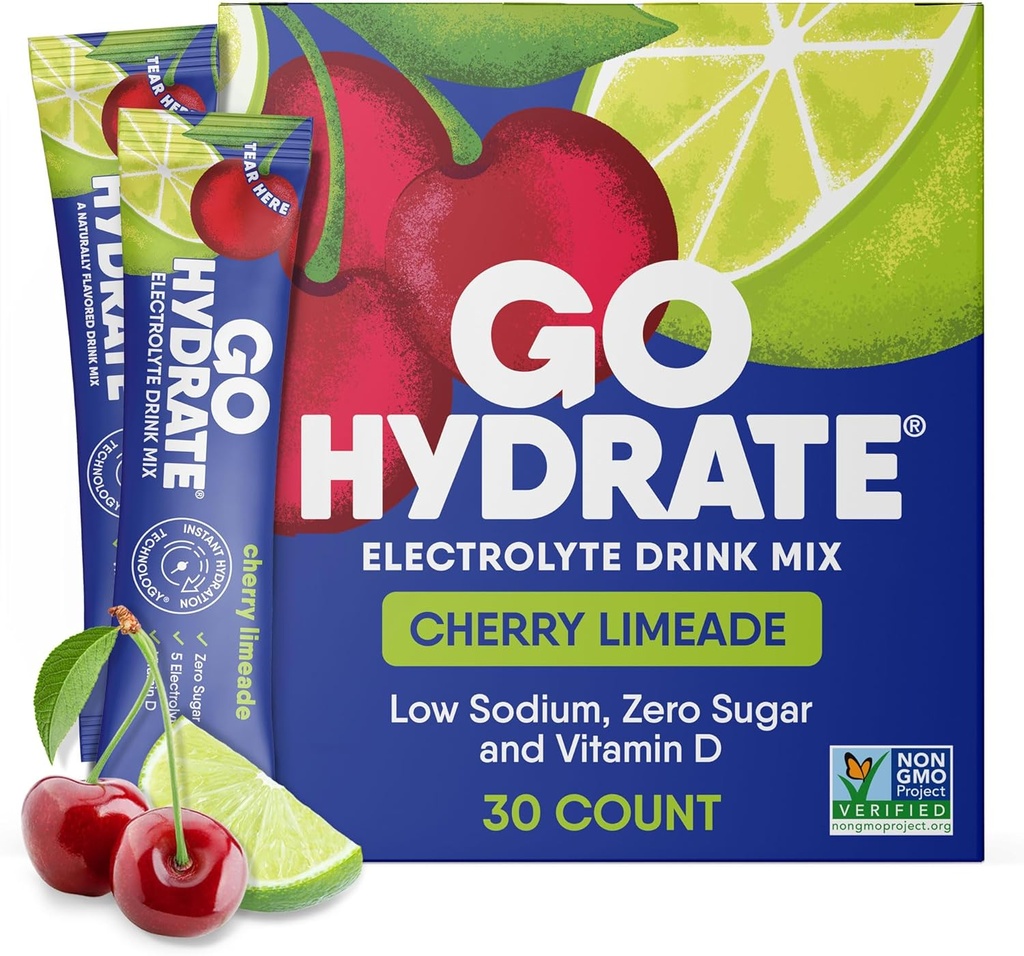 GoHydrate Low Sodium Electrolytes Powder Packets Sugar Free - Instant Hydration Daily Drink Mix - Zero Sugar Flavor Packet Singles with Vitamin D - (Cherry Limeade, 30 συσκευασίες)