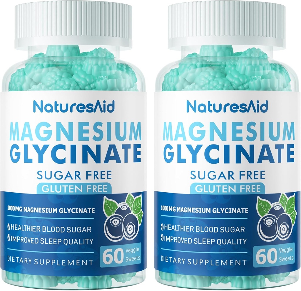 Μαγνήσιο Γλυκινικό Gummies 1000mg - Συμπλήρωμα μαγνησίου χωρίς ζάχαρη με βιταμίνη D, B6, CoQ10 για υποστήριξη ηρεμίας & ύπνου - 120 Gummies Blueberry -2 Pack