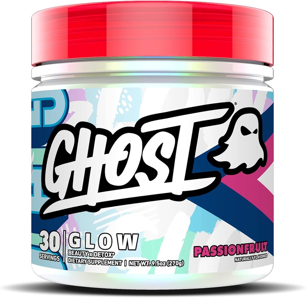GHOST Glow: Beauty and Detox Support Formula - 30 Σερβιέτες, passionfruit - Δερμάτινη ενίσχυση Βιοτίνης και L-Θεανίνης για Αντιοξειδωτικά για Ενυδάτωση, Ακτινοβολία, Σύμπλεξη & Nourishment - Vegan, Χωρίς Γλουτένη
