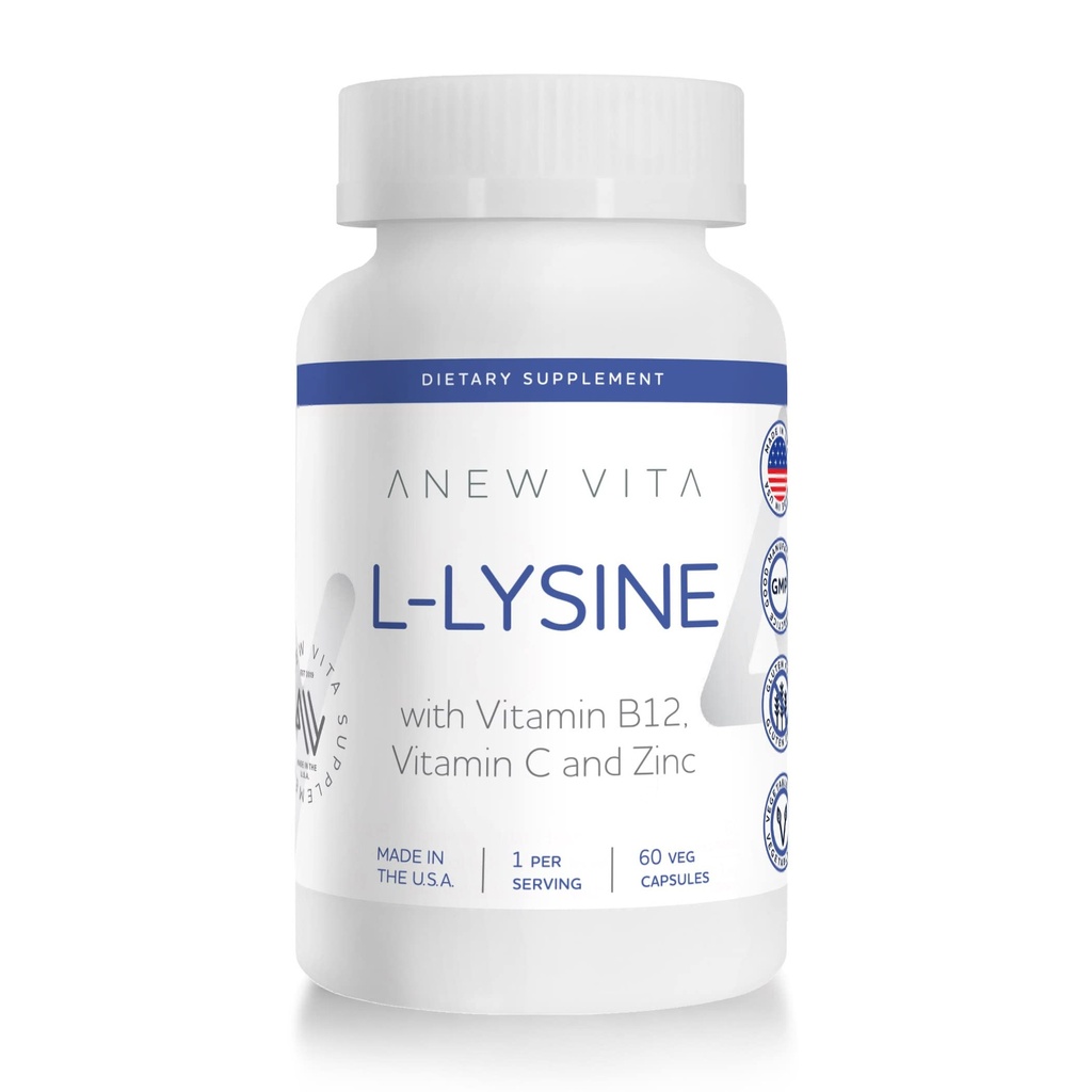 Συμπλήρωμα L-Lysine με Βιταμίνη B12 + C + Ψευδάργυρο για Χείλη, Στόμα, και στοματική υγεία ιστού - Ενισχυμένη υποστήριξη ευεξίας - Μη ΓΤΟ, Χωρίς γλουτένη - Κατασκευάζεται στις ΗΠΑ - 60 κάψουλες λαχανικών, 500mg
