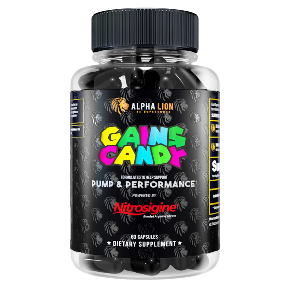 ALPHA LION Gains Candy, χάπια συμπλήρωμα για την αντλία μυών & ροή του αίματος, Nitric Oxide Booster, υποστηρίζει ψυχική εστίαση, χρήση καθημερινά για την αναβάθμιση της απόδοσης προπόνησης, 63 κάψουλες (Nitrosigine)