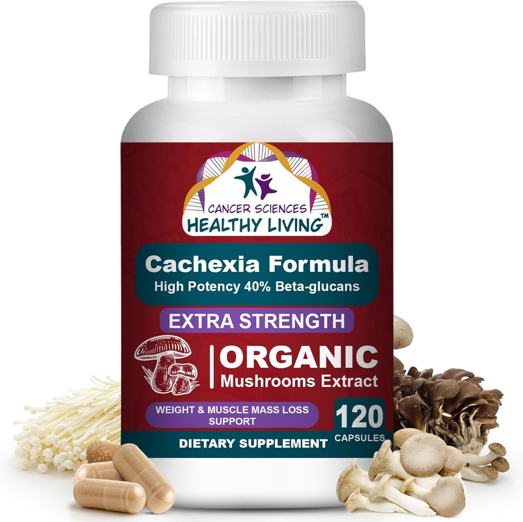 CANCER SCIENCES Cachexia Supplement, USDA Certified Organic Mushrooms Extract Capsules, Extra Strength 1,500 mg, High Potency 40% Beta-Glucans, Immune & Metabolic Support, Weight & Muscle Mass Support