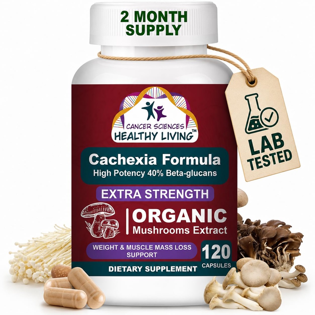 CANCER SCIENCES Cachexia Supplement, USDA Certified Organic Mushrooms Extract Capsules, Extra Strength 1.500 mg, High Potency 40% Beta-Glucans, ανοσοποιητική & μεταβολική υποστήριξη, υποστήριξη βάρους & μυϊκής μάζας