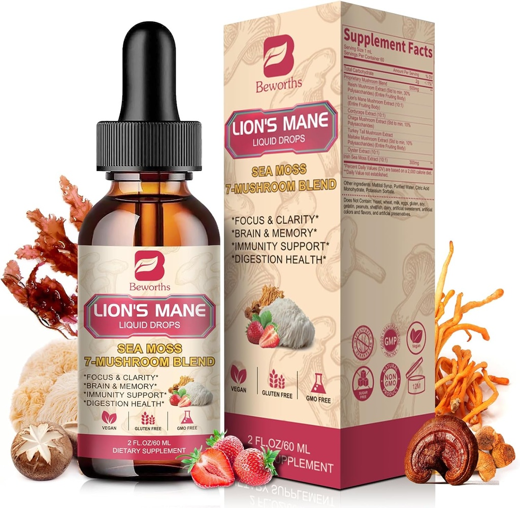 Mushroom Complex Liquid Drop, 8 in 1 Lions Mane Mushroom Supplement with Irish Sea Moss, Chaga, Turkey Tail, Cordyceps & More for Brain, Focus, Γνωστική & Ανοσολογική Υποστήριξη, Vegan, Strawberry Flavor,60mL