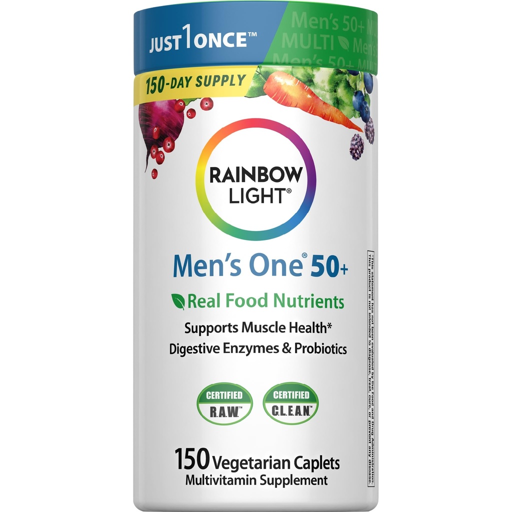 Rainbow Light Mens Multivitamin One + for 50 Plus | 150 Caplets | Supports Muscle Health | with Vitamins C, D, and Zinc | Real Food Nutrients, Digestive Enzymes & Probiotics