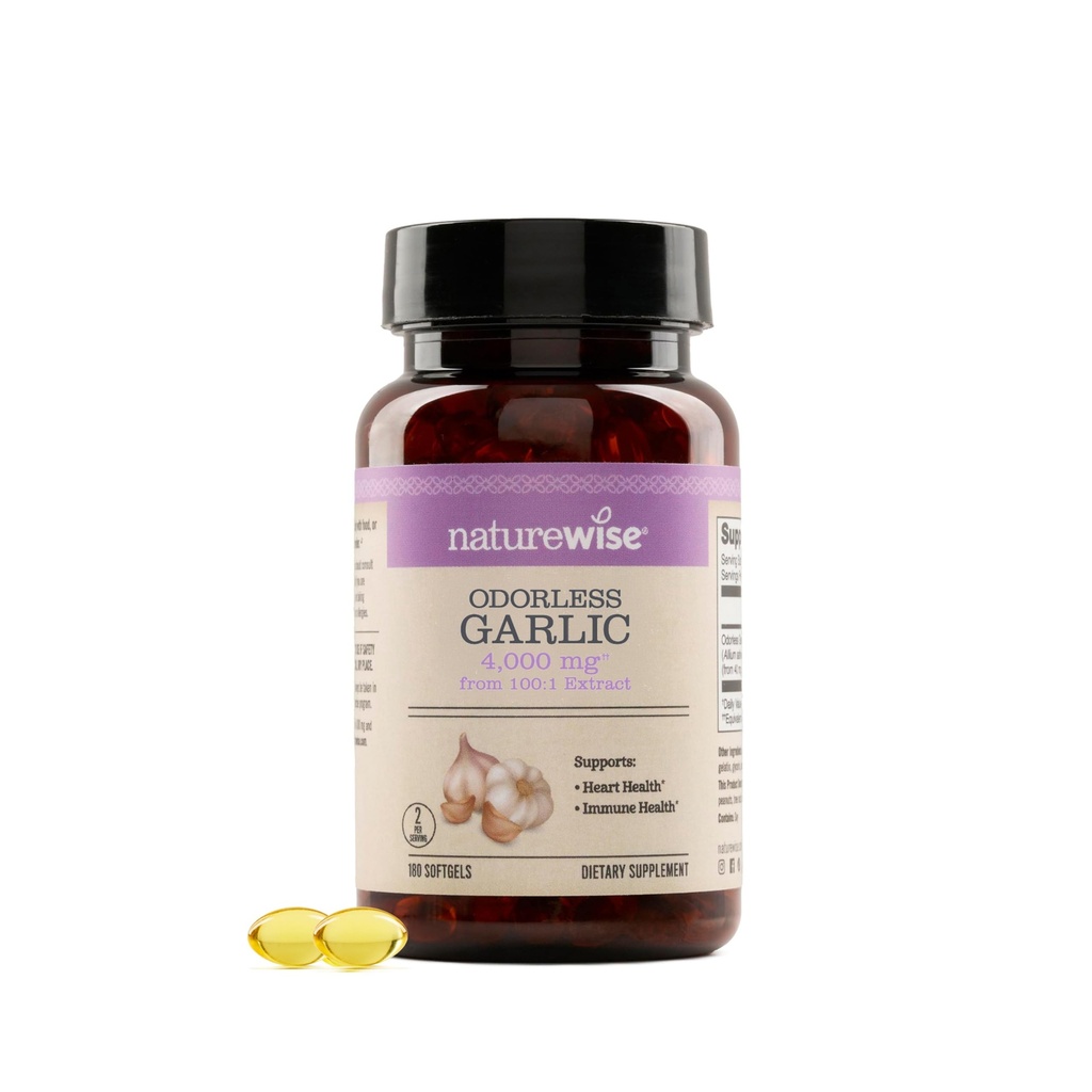 NatureWise Odorless Garlic Supplement 4000mg - Ultra Poent 100:1 Extract - Healthy Cholesterol Formula, Heart Health Support - Non-GMO, Gluten Free, with Hanal Gelatin - 180 Count[90-Day Supply]