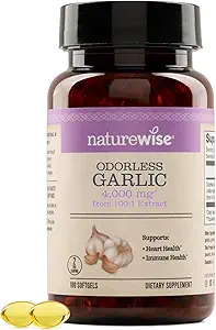 NatureWise Odorless Garlic Supplement 4000mg - Ultra Potent 100:1 Extract - Healthy Cholesterol Formula, Heart Health Support - Non-GMO, Gluten Free, with Halal Gelatin - 180 Count[90-Day Supply]