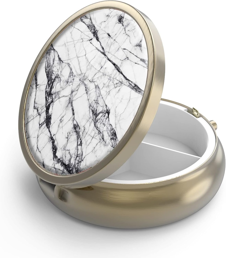 Χάπια κασετίνα χάπι με καθρέφτη Retro 3 διαμέρισμα μικρή θήκη χάπι για την τσάντα ή τσέπη μπρούτζινο μικρό κουτί ρόδα χάπια ή βιταμίνες, ιχθυέλαιο, συμπληρώματα, χάπια Containe ταξιδιωτικά δώρα ( Λευκό μάρμαρο)