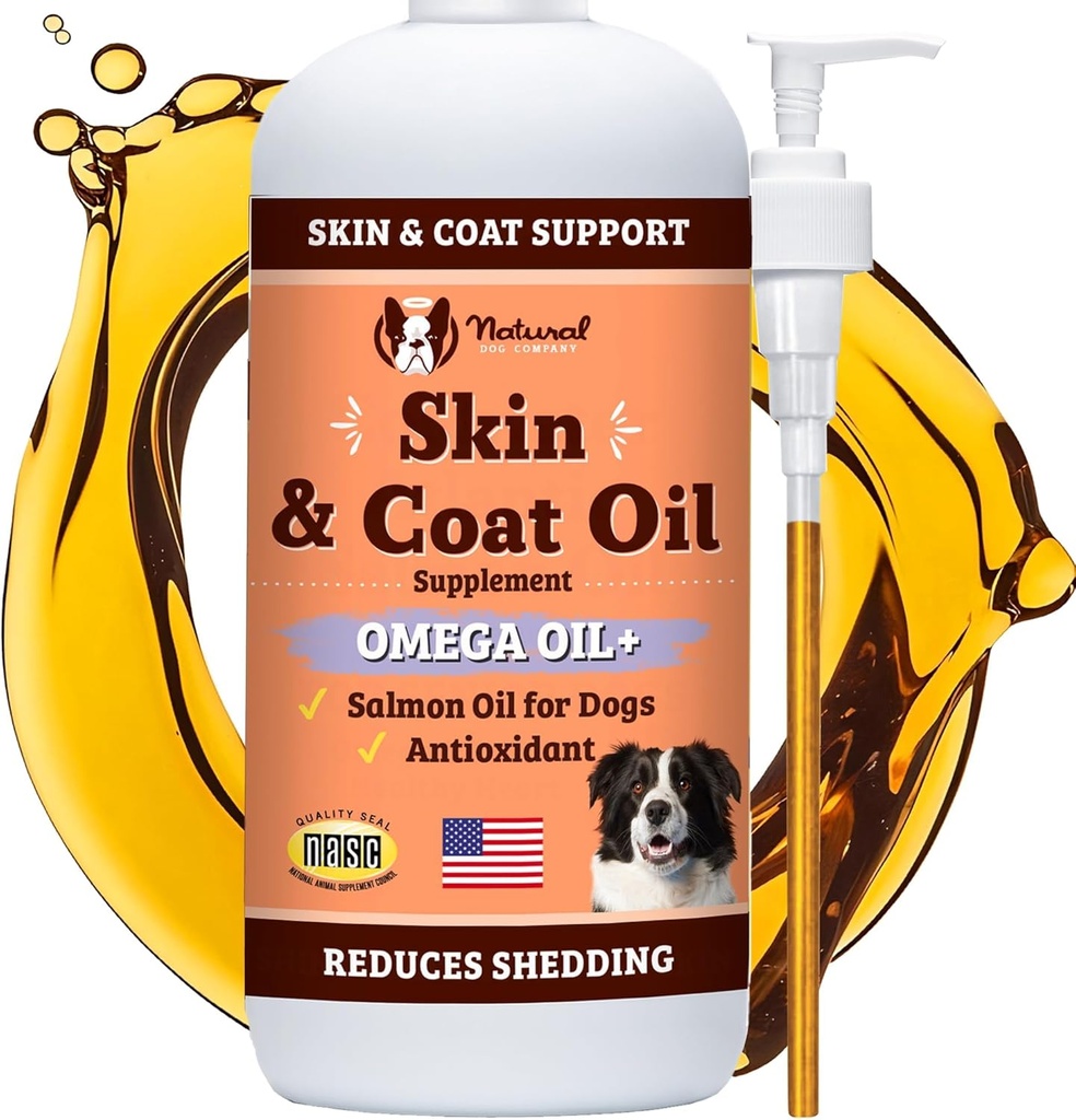 Natural Dog Company Skin & Coat Oil (16 oz.), Supports Skin Health, Fish Oil Supplements for Dogs, Soft Coat, Fish Oil & Flaxseed Oil, Fatty Acids, Bottle of Dog Fish Oil with Pump, Antioxidant