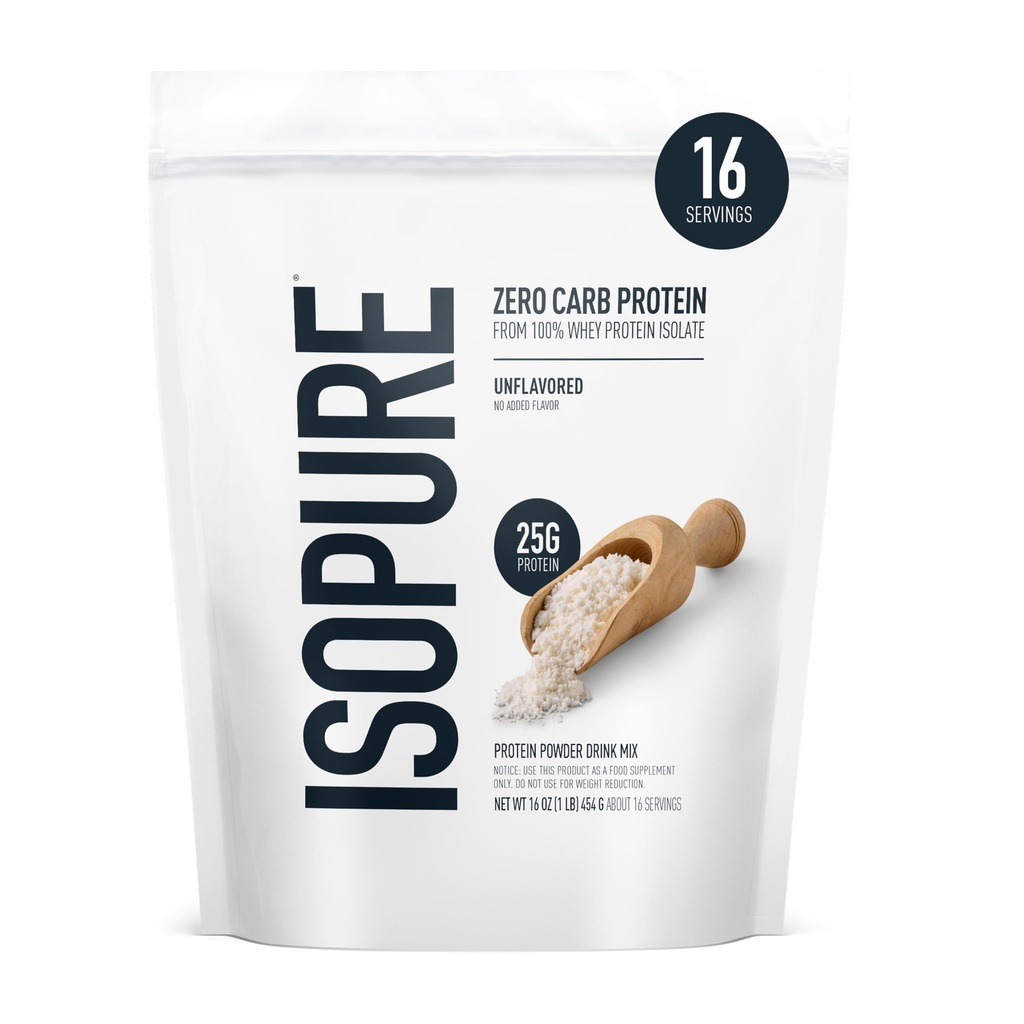 Isopure Zero Carb 100% Pure Whey Isolate Protein Powder, Lactose Free, Gluten Free, with Vitamins, Unflavoured, 25g πρωτεΐνη ανά υπηρεσία, 1 Lb, 16 Servings (Packaging May Vary)