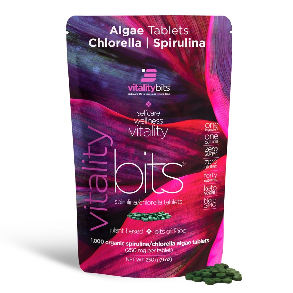 VITALITYbits - Βιολογικά Δισκία Spirulina & Chlorella - Algae Superfood - Ενέργεια, Αυτο φροντίδα, Ομορφιά - Αντικατάσταση Πράσινα, Συμπληρώματα, Πρωτεΐνη, Σνακ - Vegan, Keto, Χωρίς Γλουτένη - 1000 Tablets Τσάντα