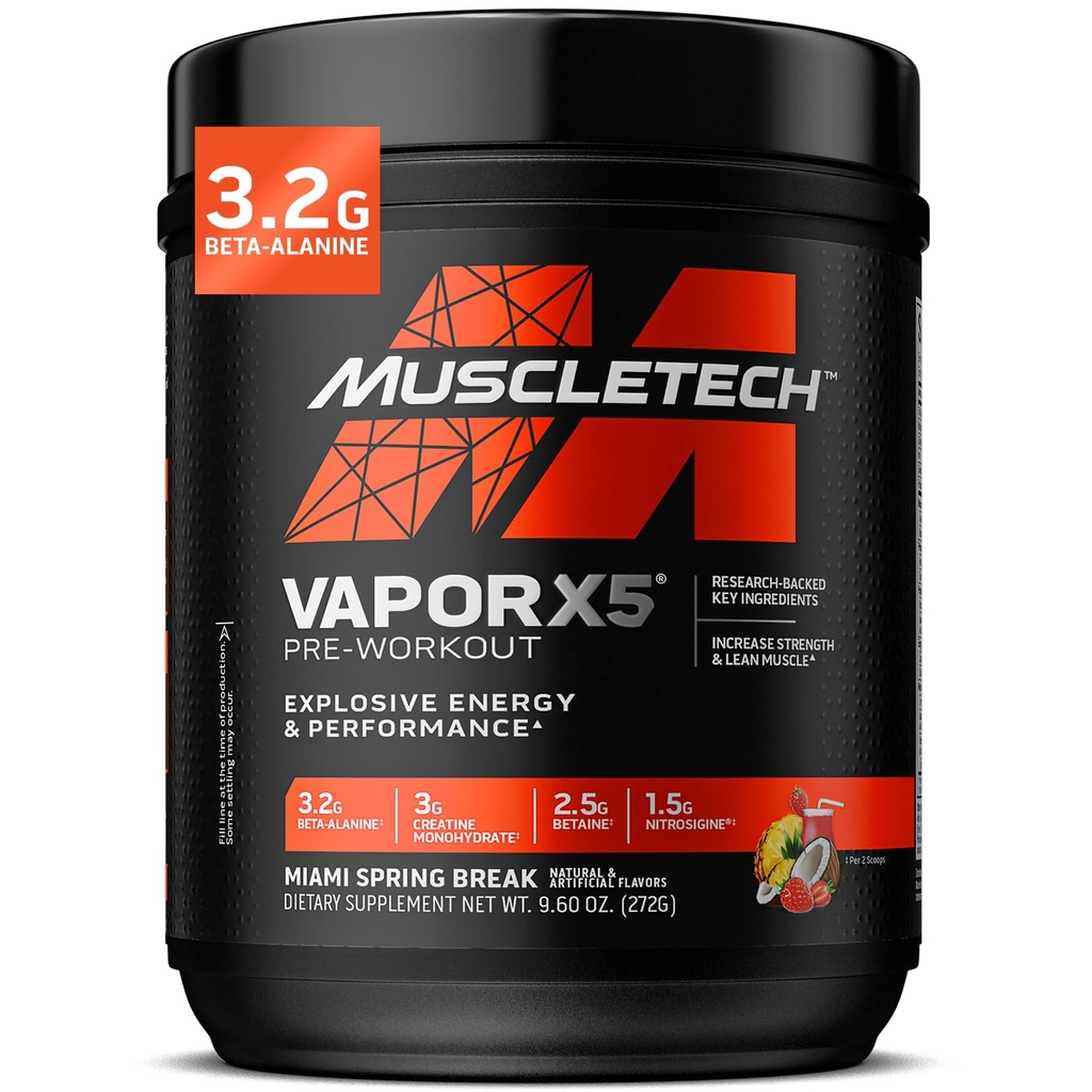 MuscleTech Pre-Workout Powder, Vapor X5 - Sports Nutrition Muscle Building Supplements for Women & Men - Έντονη Muscle Pump Energy Powder Drink Mix - Miami Spring Break, 272g (30 Services)