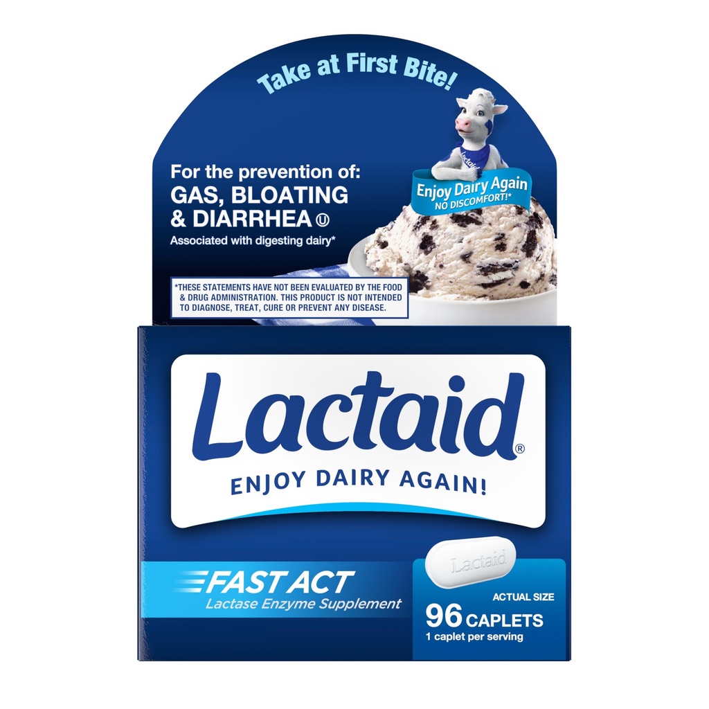 Lactaid Γρήγορη πράξη δυσανεξίας της λακτόζης με Lactase Enzyme, Γαλακτοκομική ανακούφιση από το αέριο, Bloating & Diarrhea, 9000 χάπια δυσανεξίας της λακτόζης FCC, 96 μεμονωμένες συσκευασίες ταξιδιού On-The-Go (96 x 1 ct)