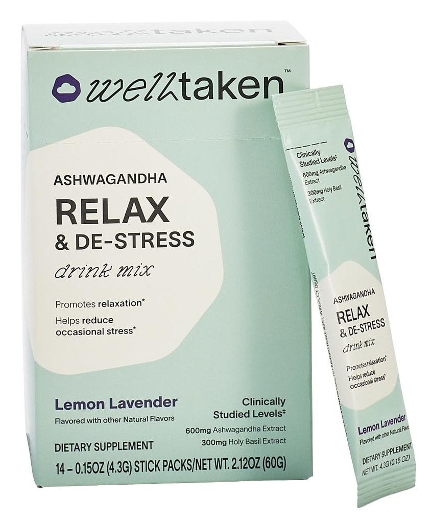 Ashwagandha Relax & De-Stress Powder - Λεμονάδα 14ct Box - 600mg Ashwagandha, 200mg L-Θεανίνη, Άγιος Βασίλειος – Υποστηρίζει το άγχος, χαλάρωση – Vegan, Δεν Προστέθηκε Ζάχαρη - 14 Υπηρεσίες