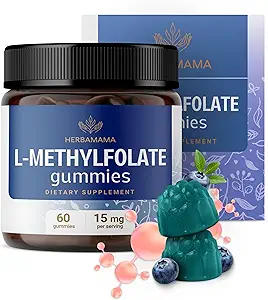 HERBAMAMA L-Methylfolate Gummies - 15mg 5-MTHF συμπλήρωμα για ενήλικες - Vegan, μη GMO μεθυλιωμένο φολικό (Vitamin B9) για την υποστήριξη του εγκεφάλου - 60 Pectin-based Blueberry-Flavored Chews