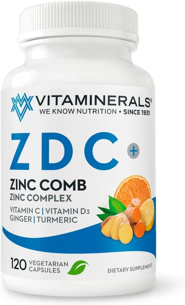 Vitaminerals® Z D C, Zinc Complex 50mg | Vitamin D3 250mcg | Vitamin C 500mg | Ginger | Lysine | Turmeric | Vegetarian Capsules| 120 Servings