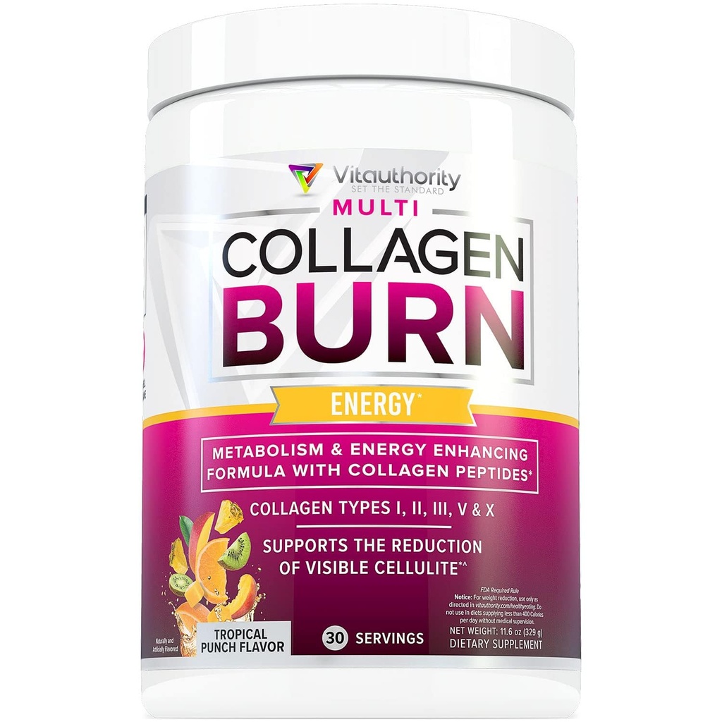 Multi Collagen Burn: Hydrolyzed Protein Peptides Multitype με Υαλουρονικό Οξύ, Βιταμίνη C, SOD B Dibls, Τύποι I, II, III, V και X, με καφεΐνη 30 Υπηρεσίες Τροπικό Punch Γεύση