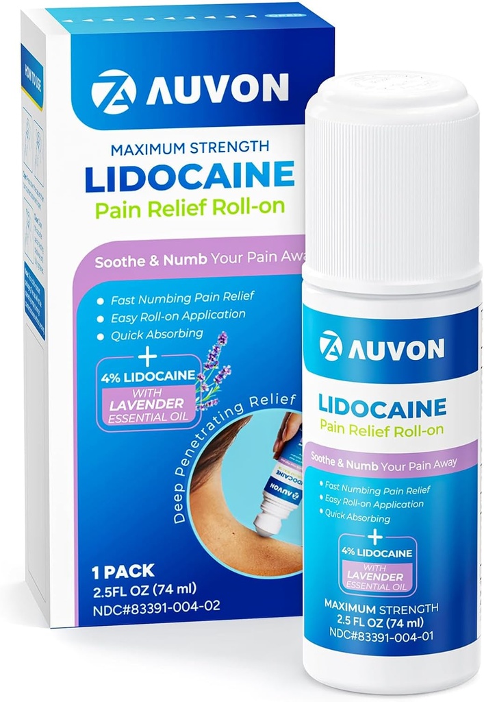 AUVON Lidocaine Roll-On with Essential Oil, No Mess Applicator, Max Strength Lidocaine,Quick Absorbing to Numb & Soothe Pain Relief for Knees, Shoulders, FSA/HSA Eligible, Lavender, 2.5 OZ, 1 Pack