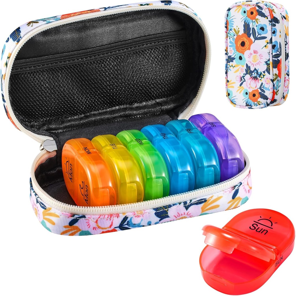 Serfeymi Weekly Travel Pill Organizer 2 φορές την ημέρα AM PM Αναβάθμιση Rainbow Pill Box 7 Ημέρα με Φορητό Zipper Canvas Pill Υπόθεση, Ιατρική Organizer για χάπια, βιταμίνες, ιχθυέλαια - Bloom 01