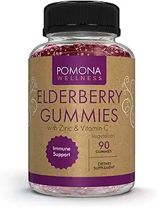 Pomona Wellness Gummies Elderberry με ψευδάργυρο και βιταμίνη C για ανοσοποιητική υποστήριξη 3-1 Chewable Black Elderberry Gummy συμπλήρωμα για παιδιά και ενήλικες, Vegan, 90 Gummies