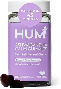 HUM Calm Ashwagandha Gummies για γυναίκες και άνδρες, L-Theanine Ashwagandha Συμπληρώματα για την καθημερινή χαλάρωση και τη σαφήνεια Υποστήριξη, Vegan γρήγορη δράση Gummy Formula, μικτή γεύση μούρου, 60 Gummies