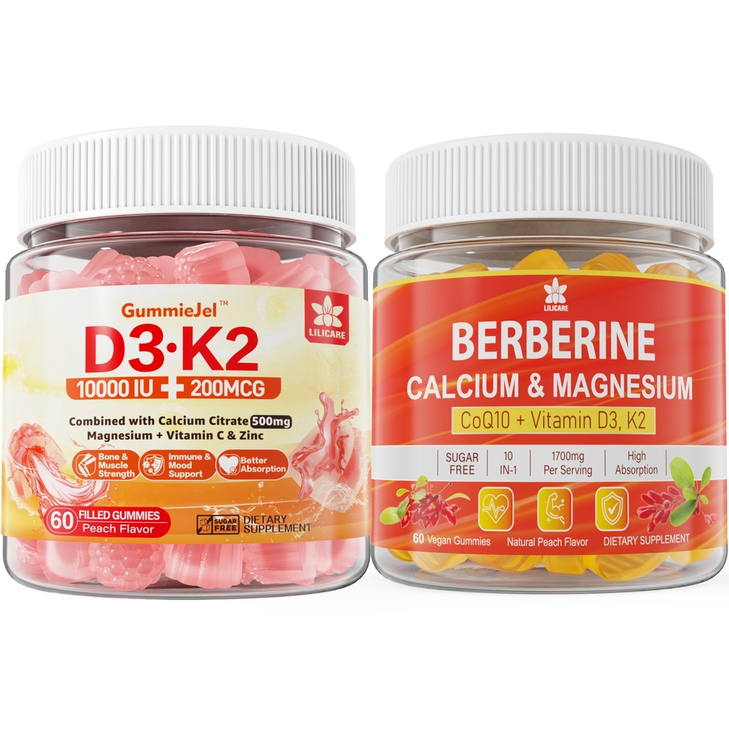 Βιταμίνη χωρίς ζάχαρη D3 K2 Gummies με ασβέστιο, κιτρικό μαγνήσιο, Gummys συμπλήρωμα βιταμίνης C + βερβερίνη, με λιποσωμική βερβερίνη & HCI βερβερίνης, ασβέστιο, μαγνήσιο