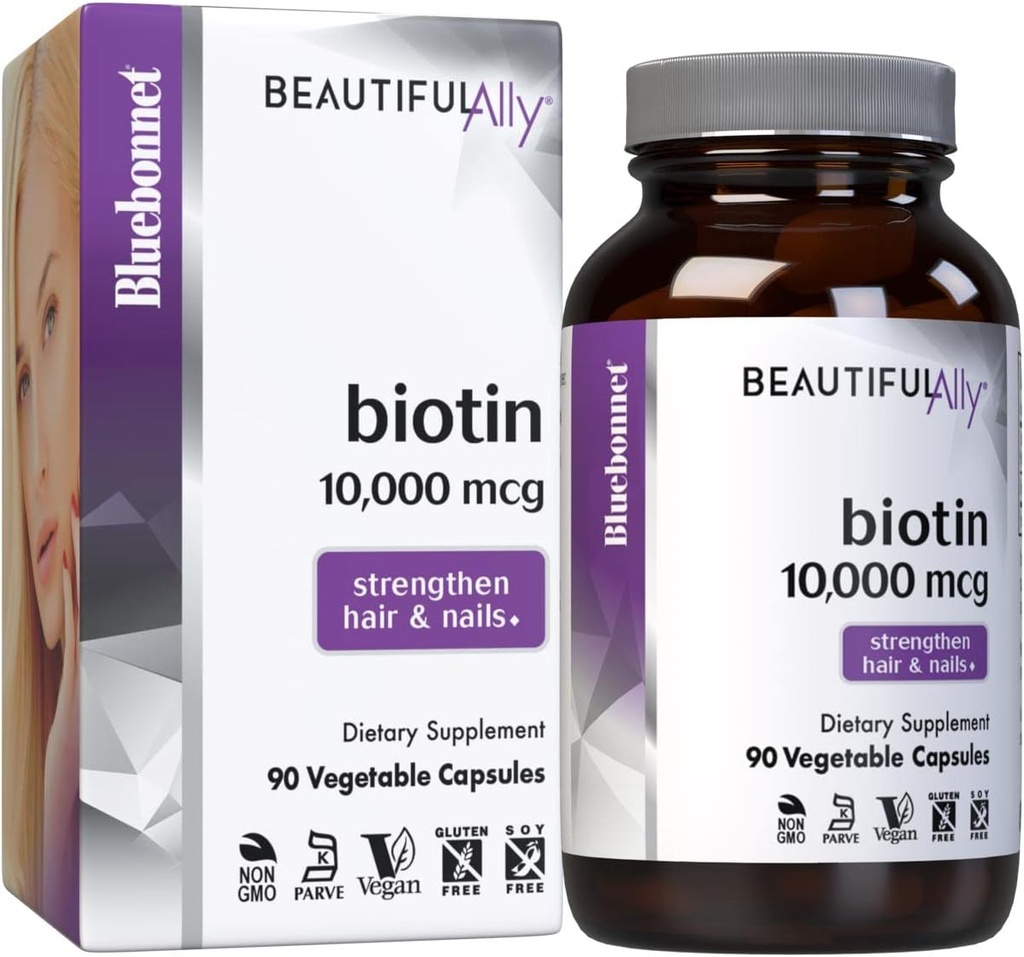 Bluebonnet Διατροφή Όμορφη Ally Biotin 10.000 mcg, Ενίσχυση μαλλιών & νυχιών*, μη GMO, Vegan, Kosher Πιστοποιημένο, χωρίς γλουτένη, χωρίς σόγια, 90 κάψουλες λαχανικών, 90 εξυπηρετούν