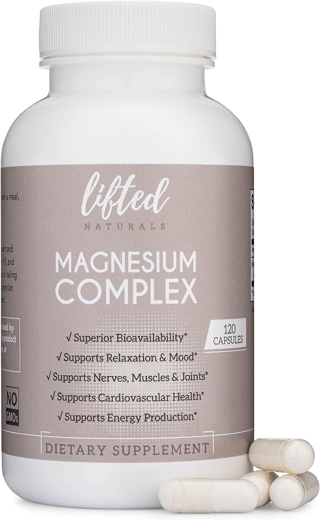 Magnesium Complex - Lifted Naturals Magnesium Supplement w/ Bisglycinate, Malate, Taurate - 120 Capsules - Bioavailable Magnesium Formula for Mood, Sleep, Energy Support*