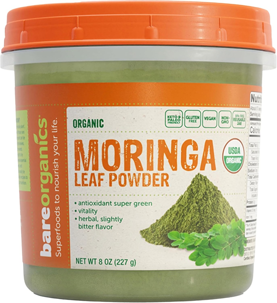 BareOrganics Moringa Leaf Superfood Powder, Organic, Vegan Supplement, 8 Ounces