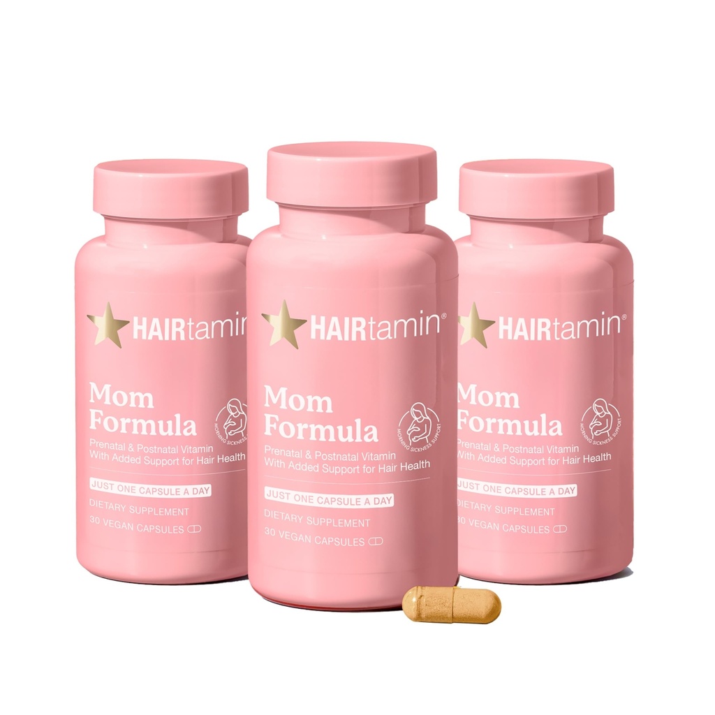 HAIRtamin MOM Vegan Προγεννητικές & μεταγεννητικές πολυβιταμίνες Κάψουλες & Βιταμίνες μαλλιών, Επιλόχειο, Θηλασμός, Καρφιά μαλλιών, και Βιταμίνες δέρματος για γυναίκες με βιοτίνη, ψευδάργυρο, σίδηρο (3-Pack)