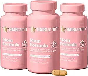 HAIRtamin MOM Vegan Prenatal & Postnatal Multivitamin Capsules & Hair Vitamins, Postpartum, Breastfeeding, Hair Nails, and Skin Vitamins for Women with Biotin, Zinc, Iron (3-Pack)