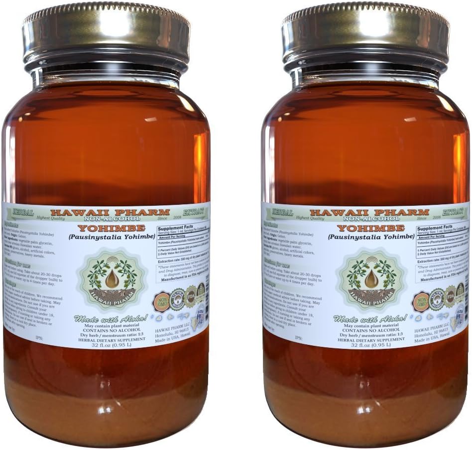 Yohimbe Alcohol-Free Liquid Extract, Yohimbe Liquid (Pausinystalia Yohimbe) Dried Bark Glycerite Natural Herbal Supplement, Hawaii Pharm, USA 2x32 fl.oz