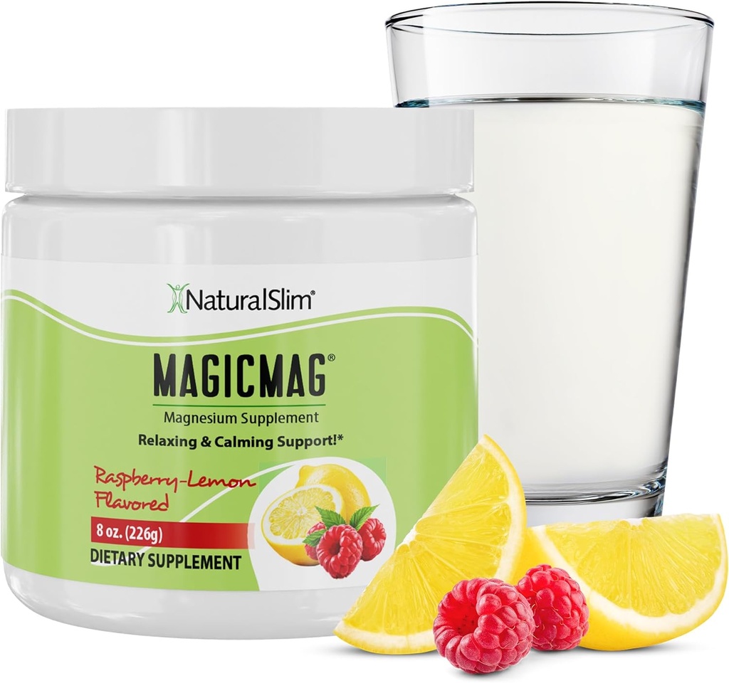 NaturalSlim Magicmag Pure Magnesium Citrate Powder Stress, Constipation, Muscle, Heart Health, and Sleep Support | Raspberry Lemon Magnesium Supplement - 8oz Drink Mix (Solo)