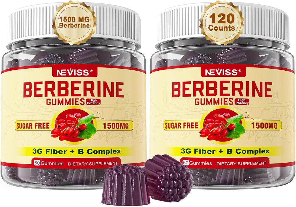 NECISS Berberine Supplement 1500mg, AMPK Activator με 3G Prebiotic Fiber, B1 B3 B6, Sugar Free Berberine HCL Gummies για γυναίκες και άνδρες - Υποστηρίζει ανοσοποιητικό σύστημα, Digestive, 2pack 120 Cts