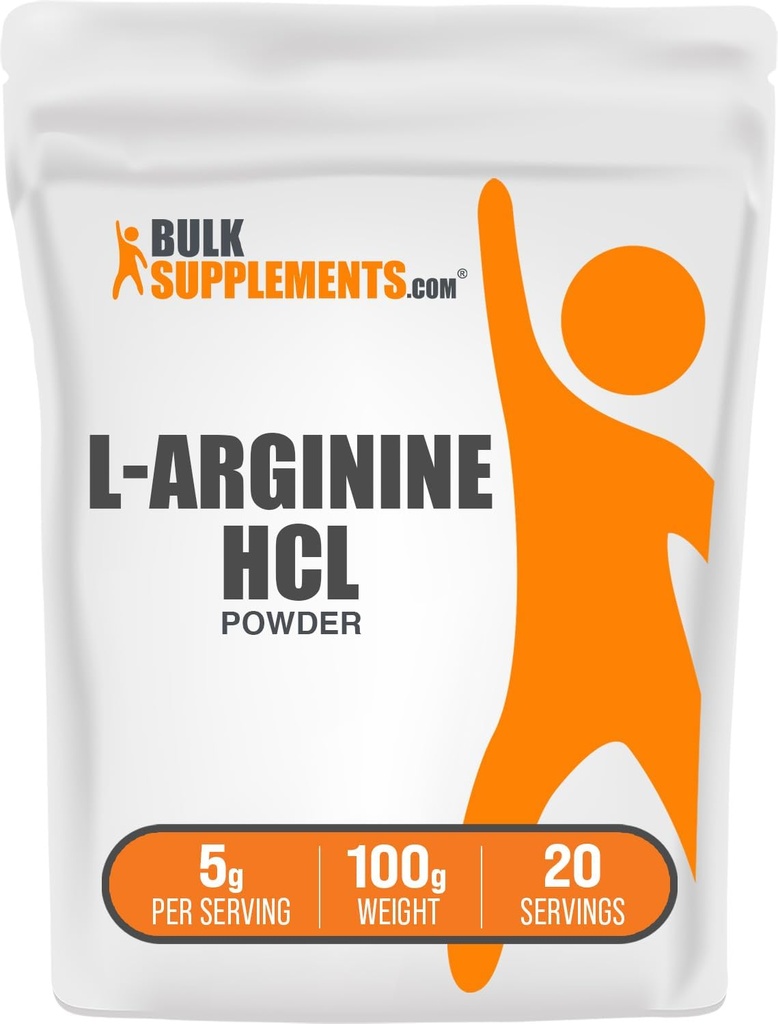 BulkSupplements.com L-Arginine HCl Powder - Συμπλήρωμα οξειδίου του αζώτου, Arginine Powder - Χωρίς γεύση & Γλουτένη, 5g ανά Σερβίρισμα, 100g (3.5 oz) (Pack of 1)