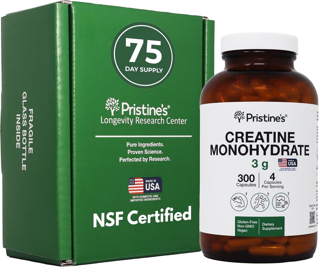 PRISTINE'S Creatine Monohydrate Capsules for Women & Men - NSF Certified 75 Day Supply 3G Muscle Growth Support Supplement - Cognitive & Athletic Performance Support - Enhanced Recovery