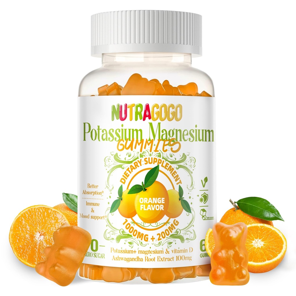 Κάλιο Μαγνήσιο Gummies,Potassium συμπλήρωμα w/Ashwagandha, Υψηλής Απορρόφησης Μαγνήσιο Γλυκινικό,B6,D3,Potassium Κιτρικό για τα πόδια Cramps,Muscle,Electroyte για ενήλικες παιδιά, Sugar-free, 60 Gummies